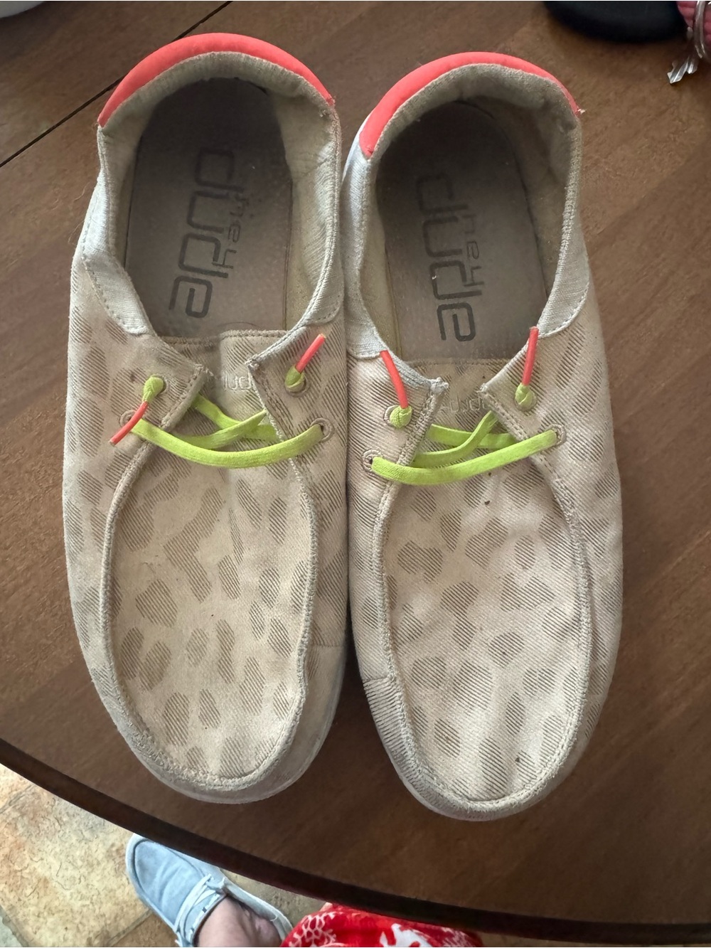 Hey Dude Beige Slip-On Slippers with Neon Green and Coral Accents